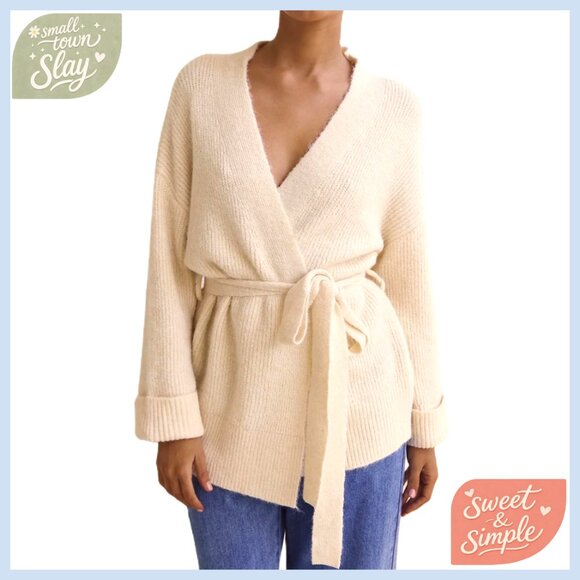 Women's Long Sleeve V-Neck Cardigan with Belt Tie Waist Wrap Sweater